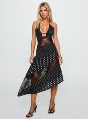 Down With Love Asymmetrical Midi Dress Black / White Polka Dot