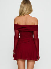 Koki Long Sleeve Off Shoulder Mini Dress Red