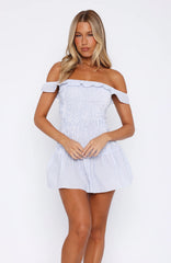 Winners Circle Off Shoulder Mini Dress Blue Stripe