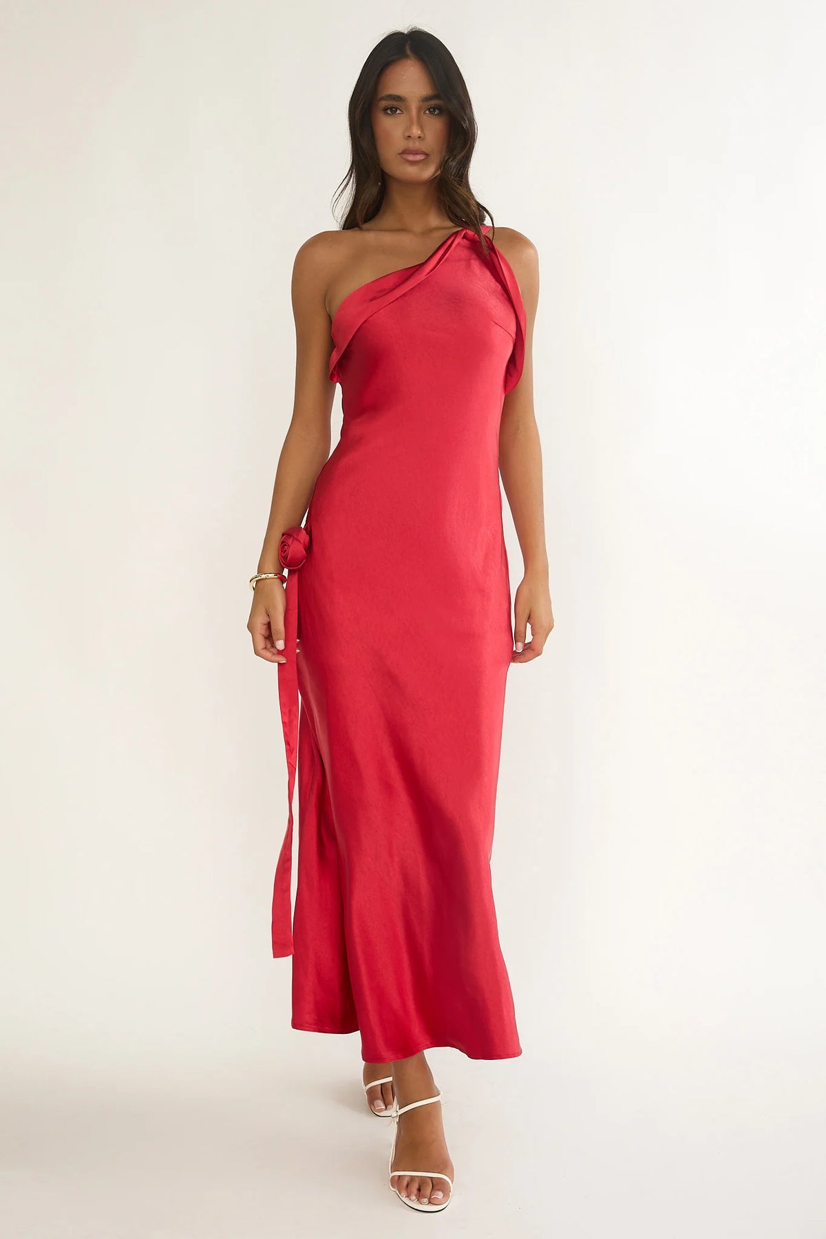 Star Fall One-Shoulder Rosette Maxi Dress Red
