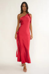 Star Fall One-Shoulder Rosette Maxi Dress Red