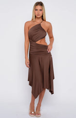 Tie Me Down One Shoulder Midi Dress Chocolate